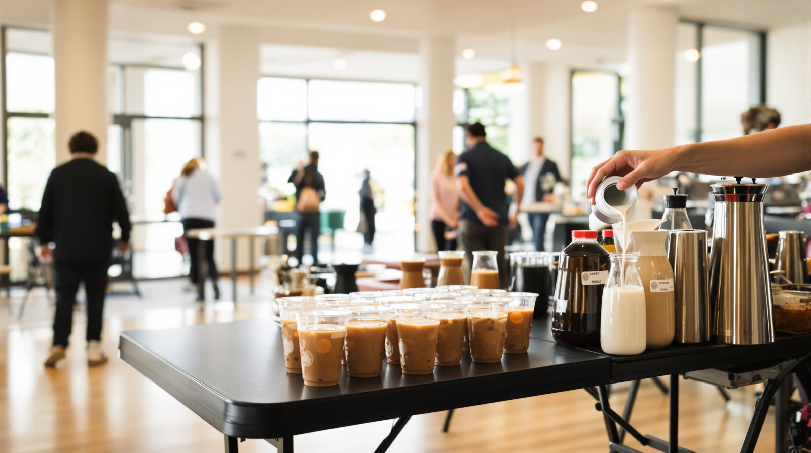 The Cultured Co bar set up on a black folding table in a bright church lobby, cups lined up for pickup